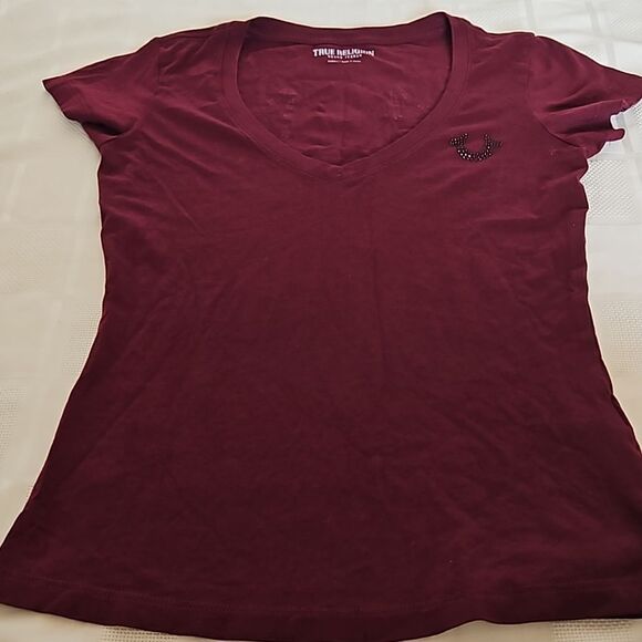 True Religion Women's Rhinestones Short Sleeves T-Shirt XS Burgundy - Picture 16 of 16